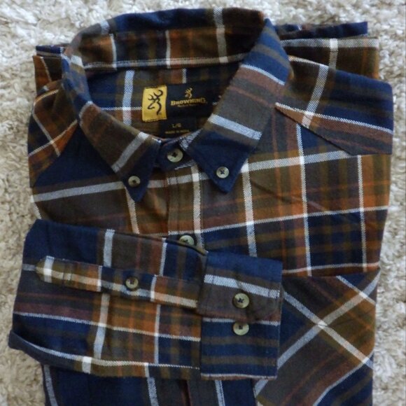 Browning Men's Long Sleeve Shirt Jacket Shacket Size Lg Plaid Brown Blue Utility - Picture 1 of 10